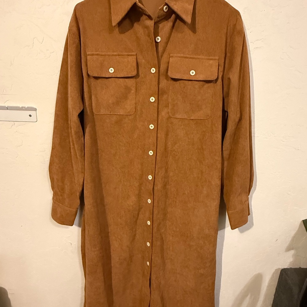 Modesees NWT camel color corduroy Button-Up Dress long sleeved